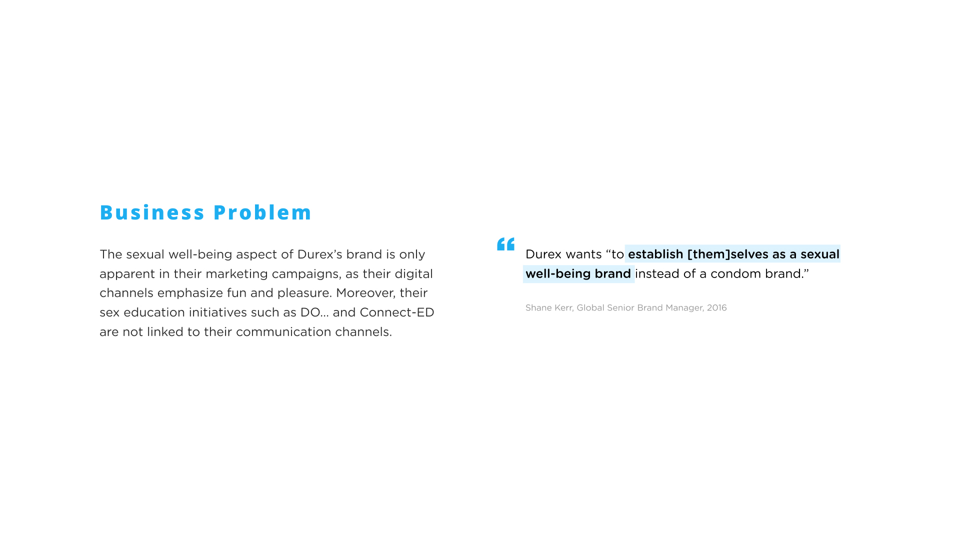 Presentation slide describing Durex's business problem and desire to rebrand themselves.