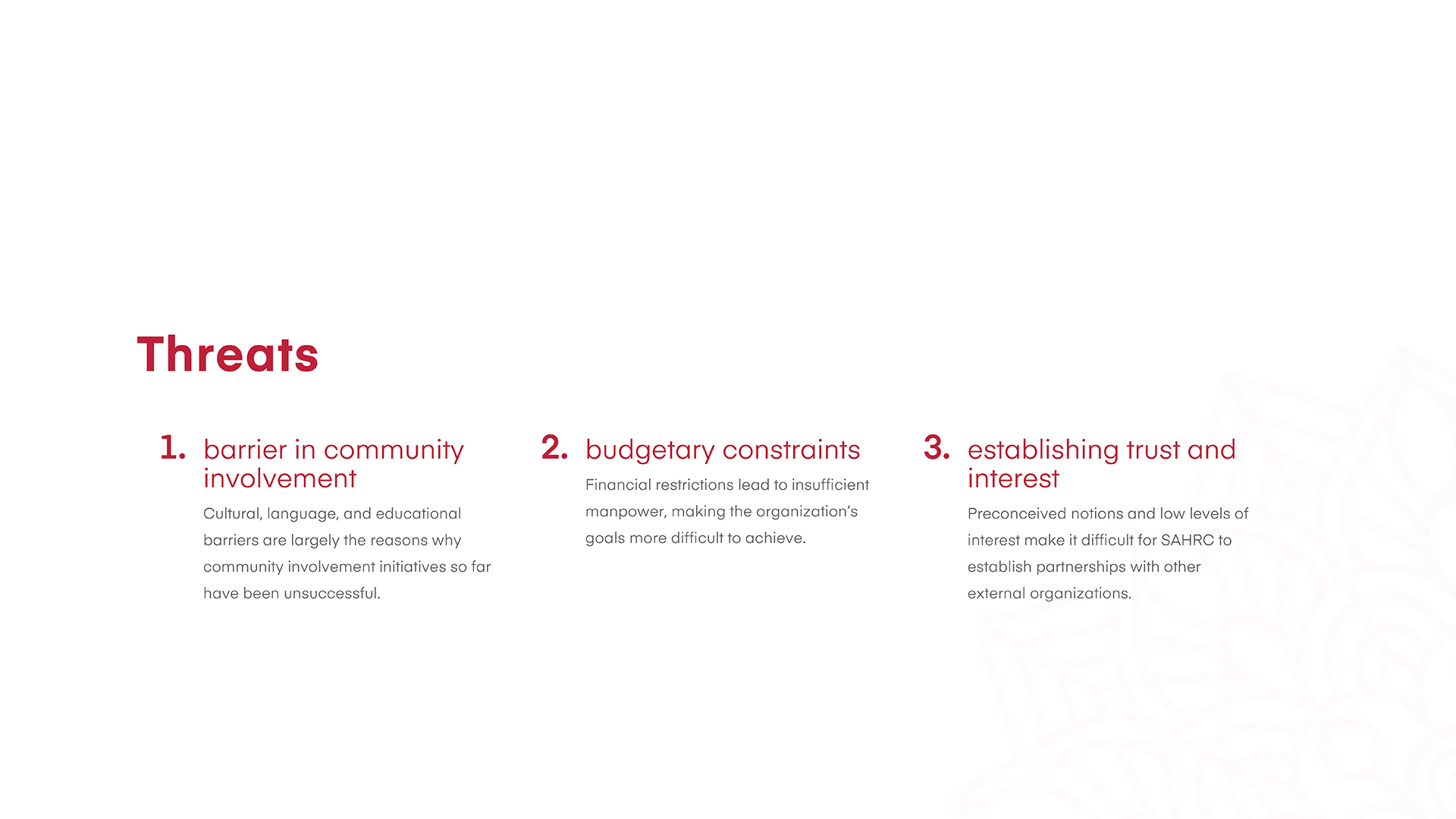 Presentation slide describing the barriers preventing SAHRC from pushing for heart disease preventative initiatives.